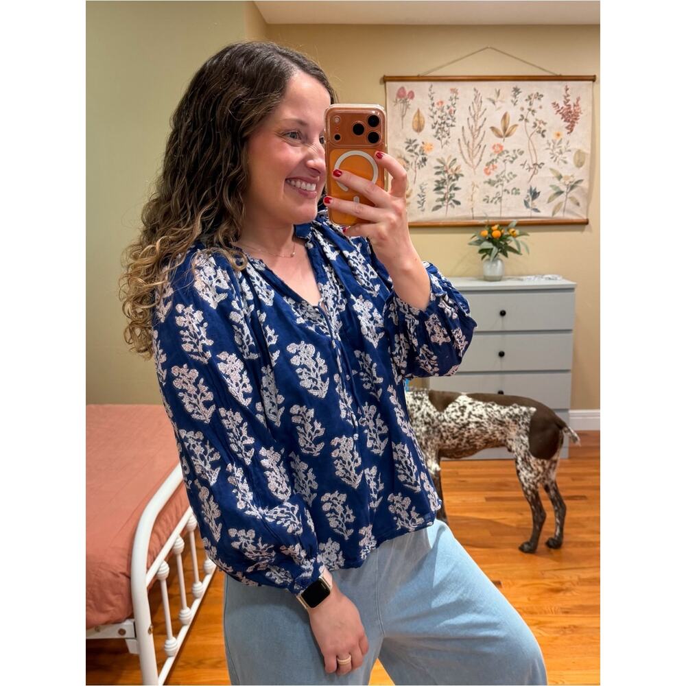 Emerson Fry India Collection Cotton Navy Floral Peasant Blouse Medium